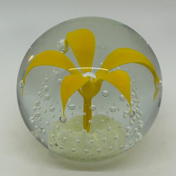 Wheaton Glass Controlled Bubble Paperweight With Yellow Flower Design - Picture 3 of 16